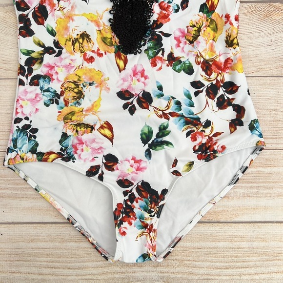 Women's Black Lace One-Piece Swimsuit Deep V Halter Open Back Size L - Picture 13 of 16